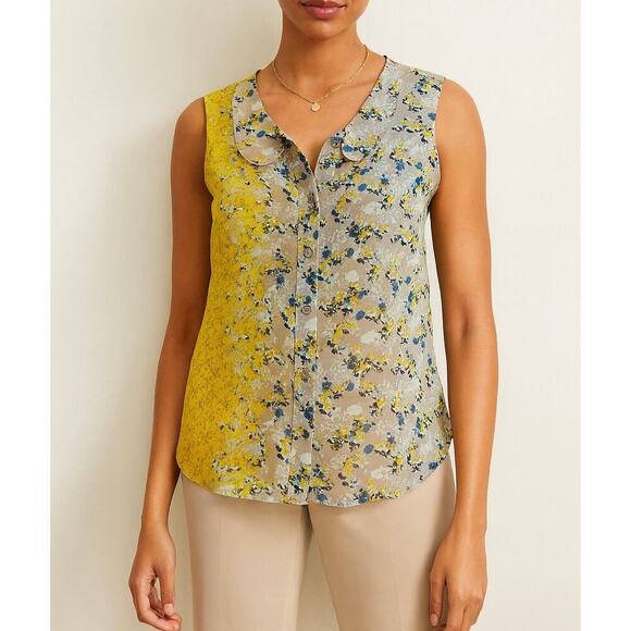 CAbi 5221 Offsides Yellow Blue Grey Sleeveless Floral Blouse size small - Picture 9 of 9
